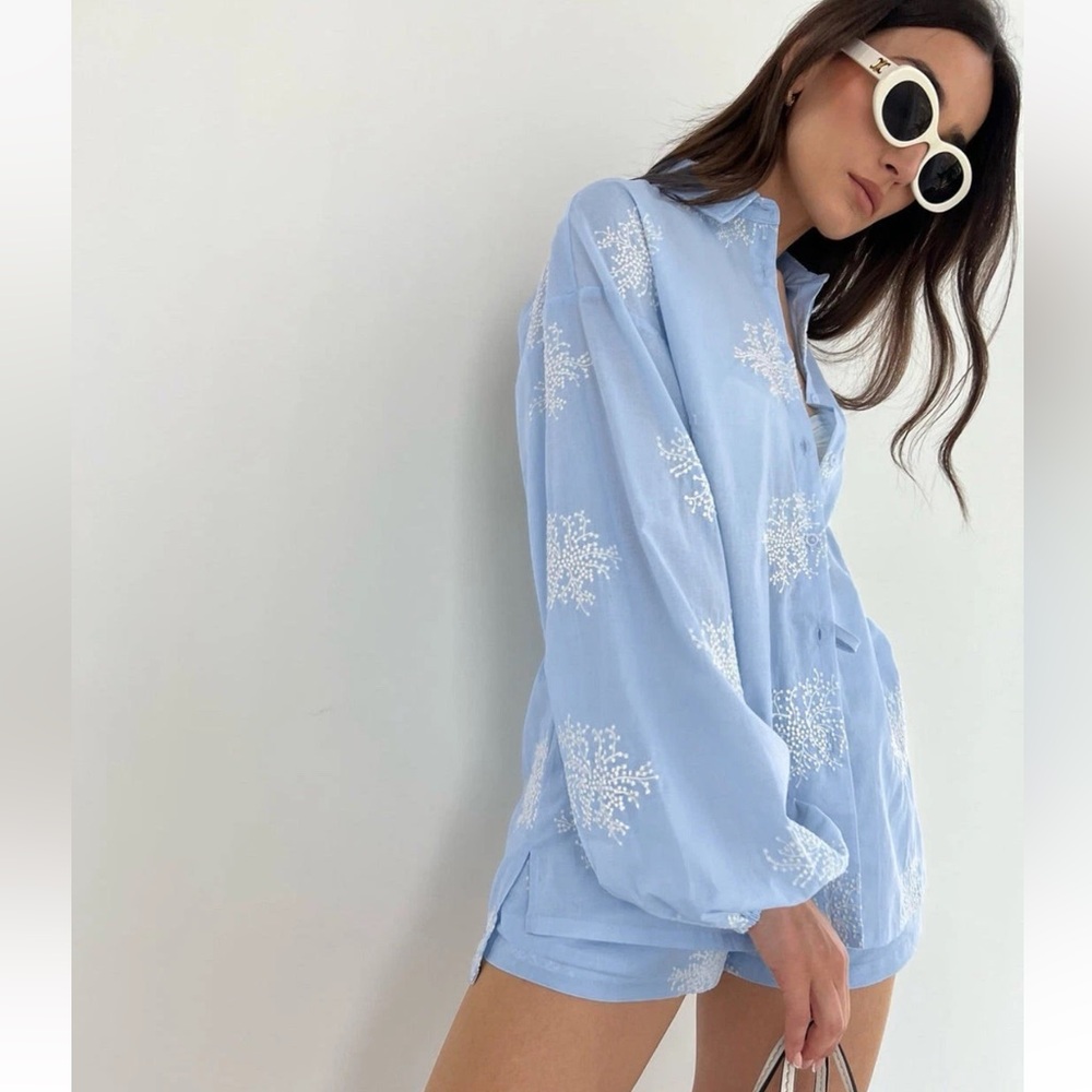 Commense M Semi-Sheer Plant Embroidery Casual Shorts Set Blue cc4 - Picture 4 of 8